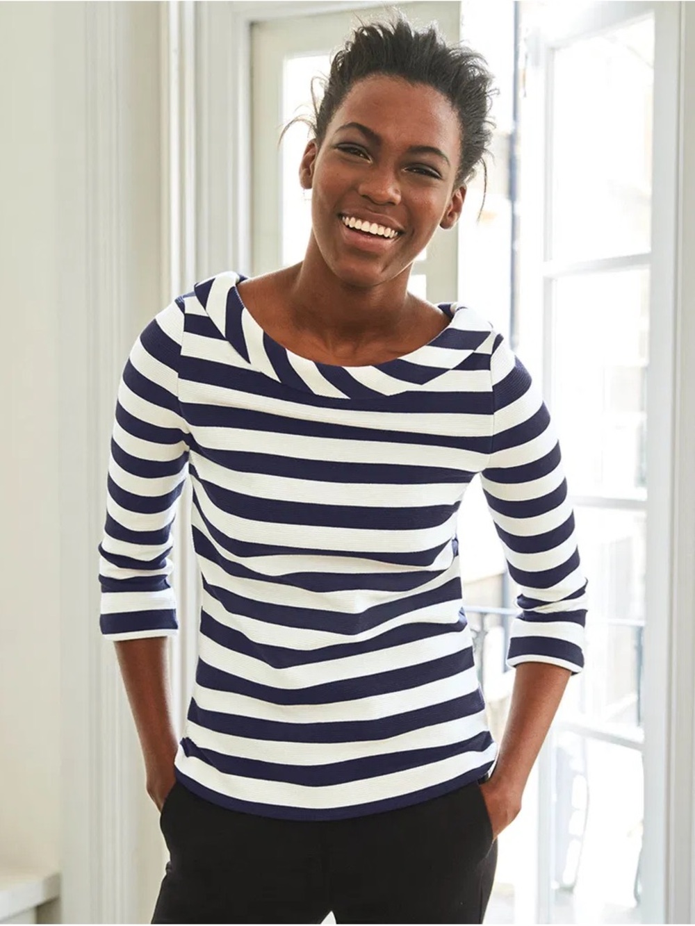 Boden Striped Roll-neck 3/4-Sleeve Top - Black and White